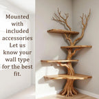 Corner driftwood bookshelf tree branch shelves