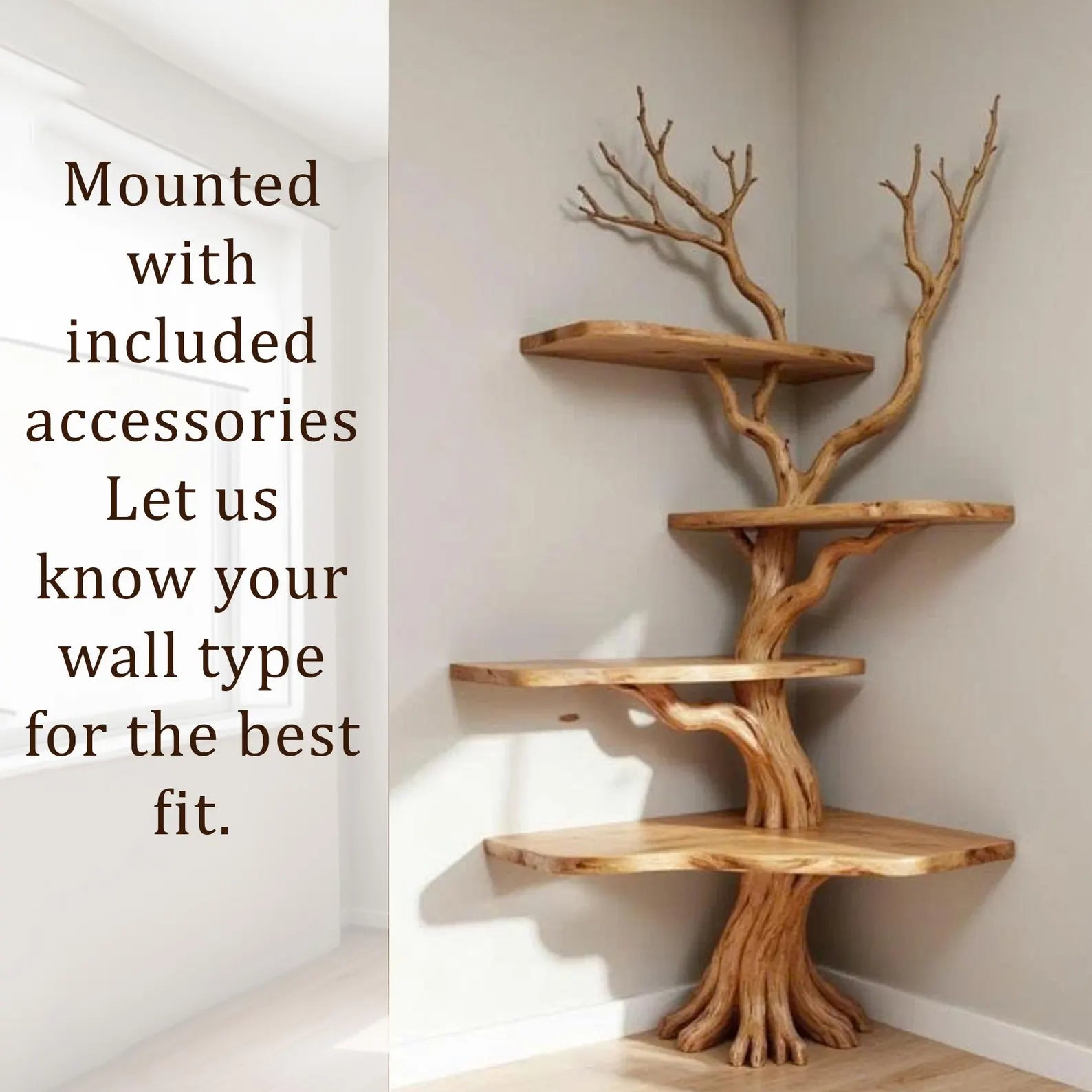 Corner driftwood bookshelf tree branch shelves