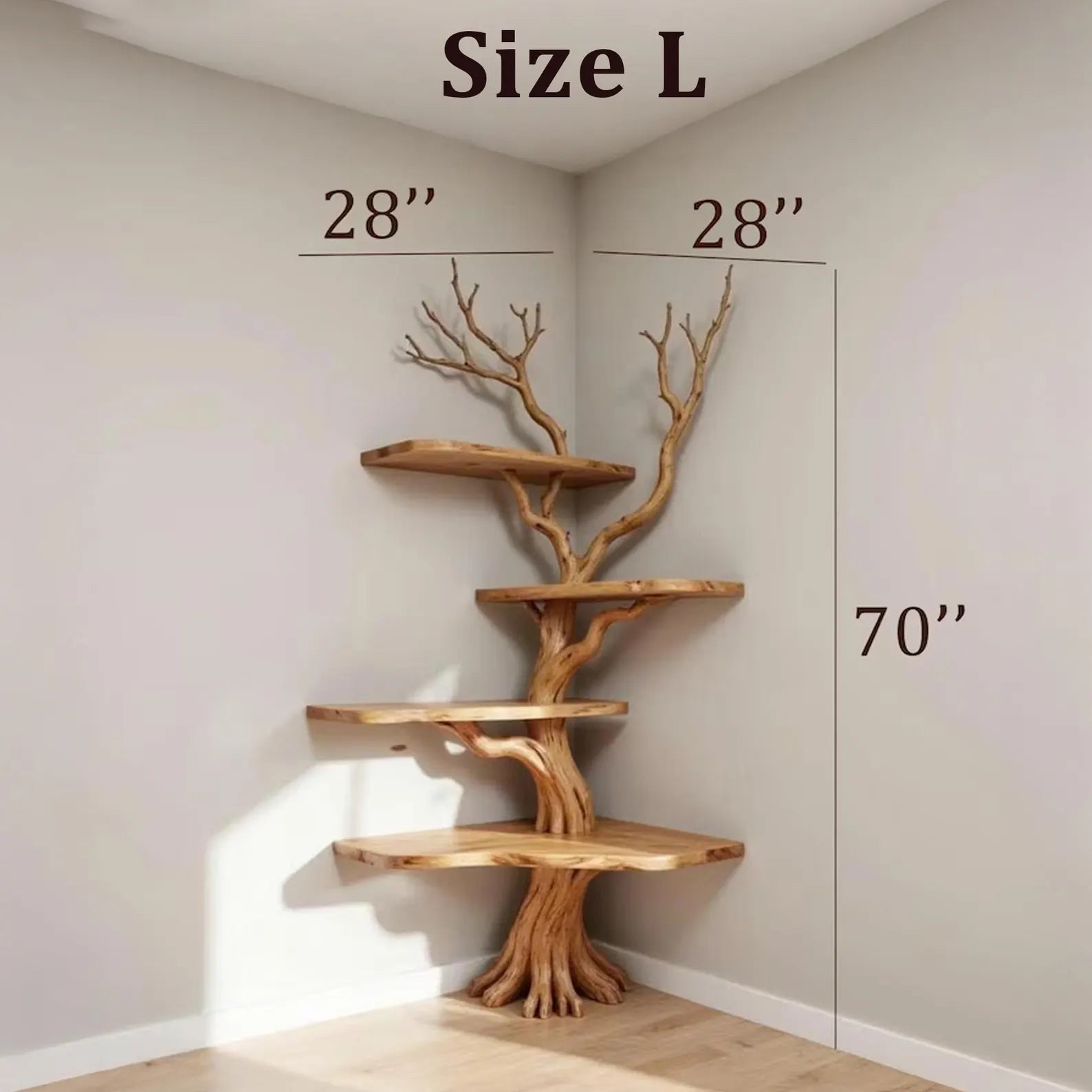 Corner driftwood bookshelf tree branch shelves