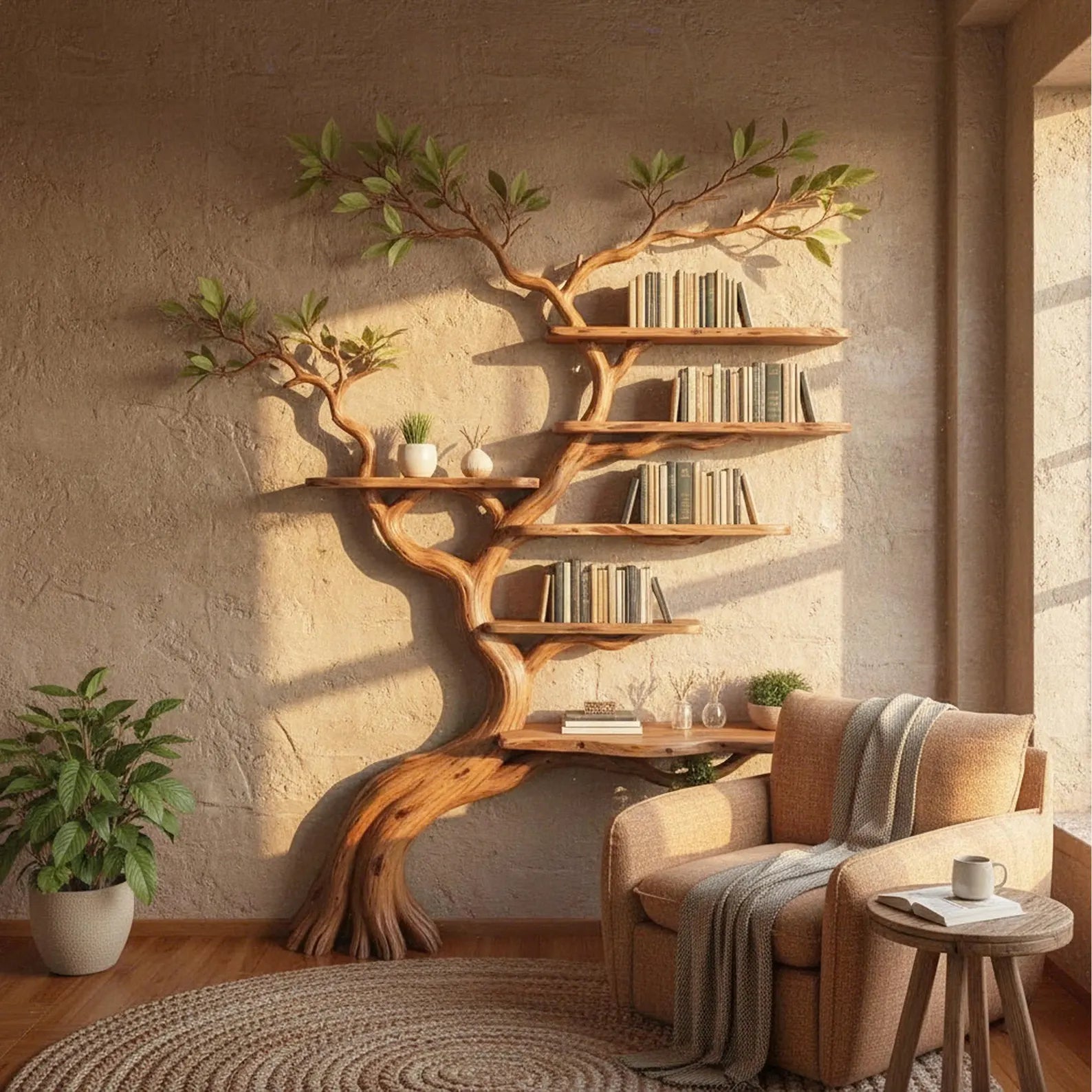 Tree branch floor shelf unique solid wood bookcase