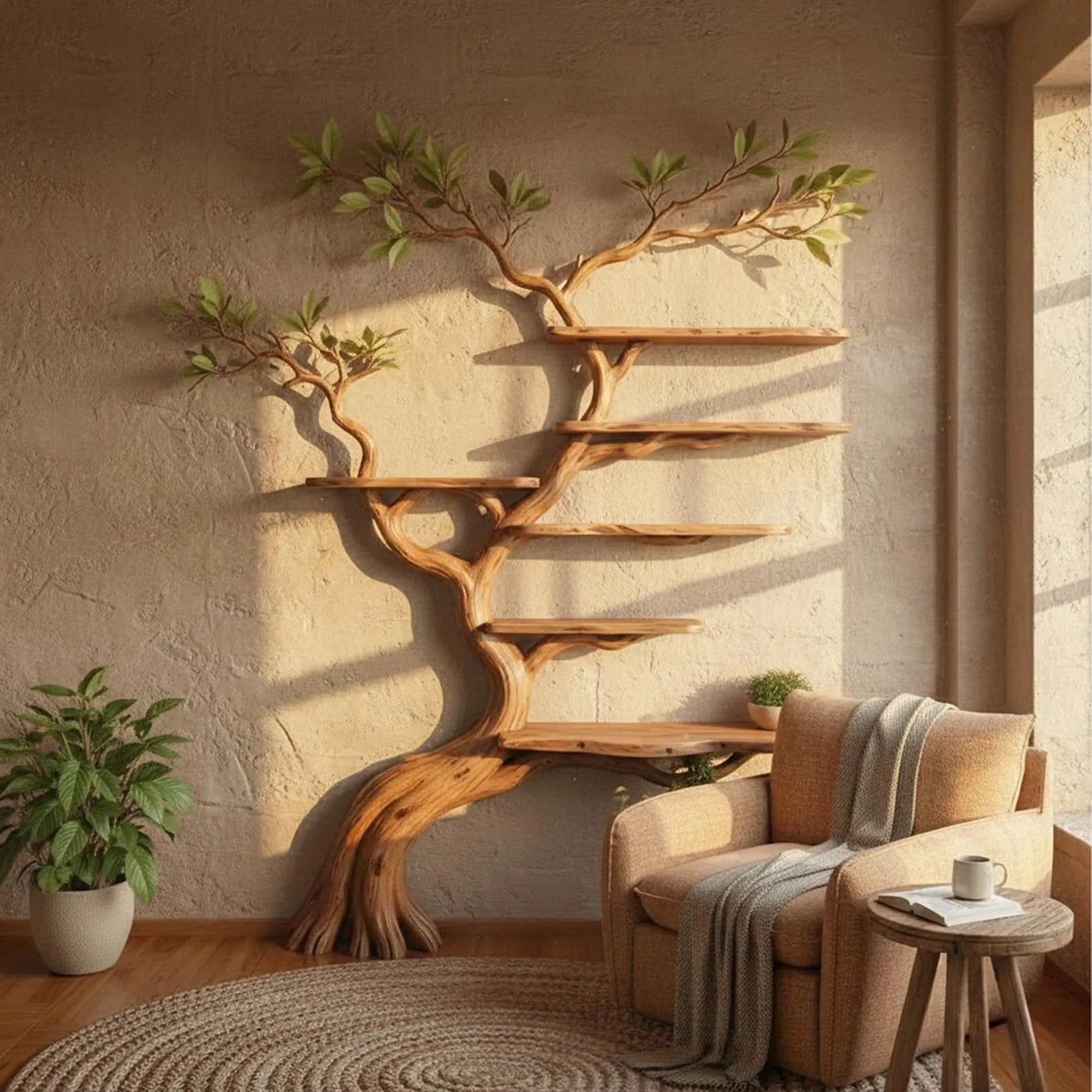 Tree branch floor shelf unique solid wood bookcase