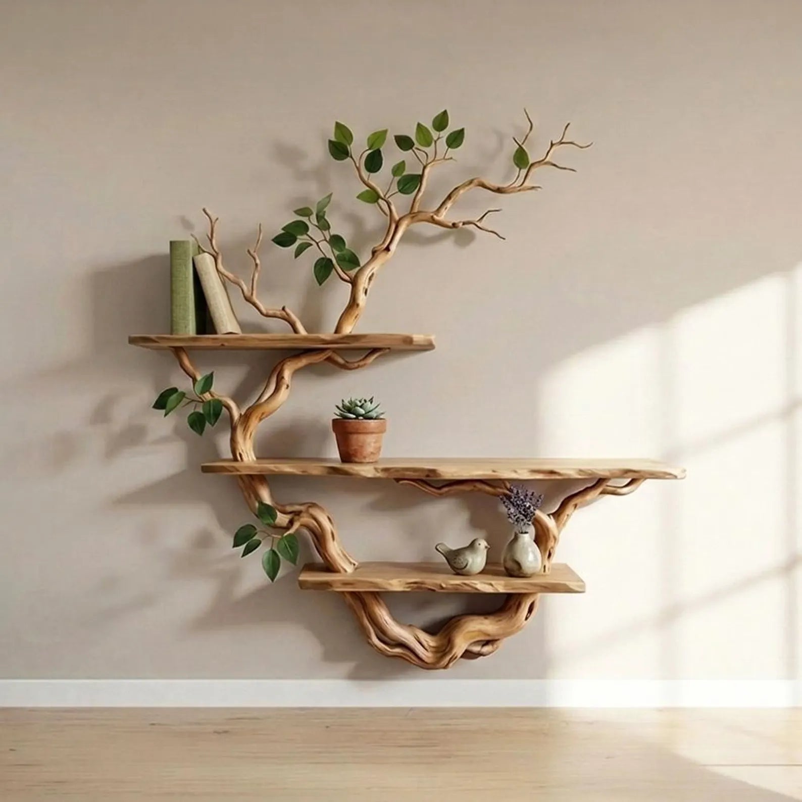 Rustic tree branch floor standing bookshelf