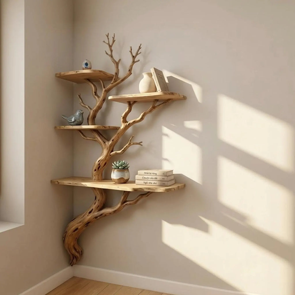 Tree branch corner floating shelf unique wall mount shelves