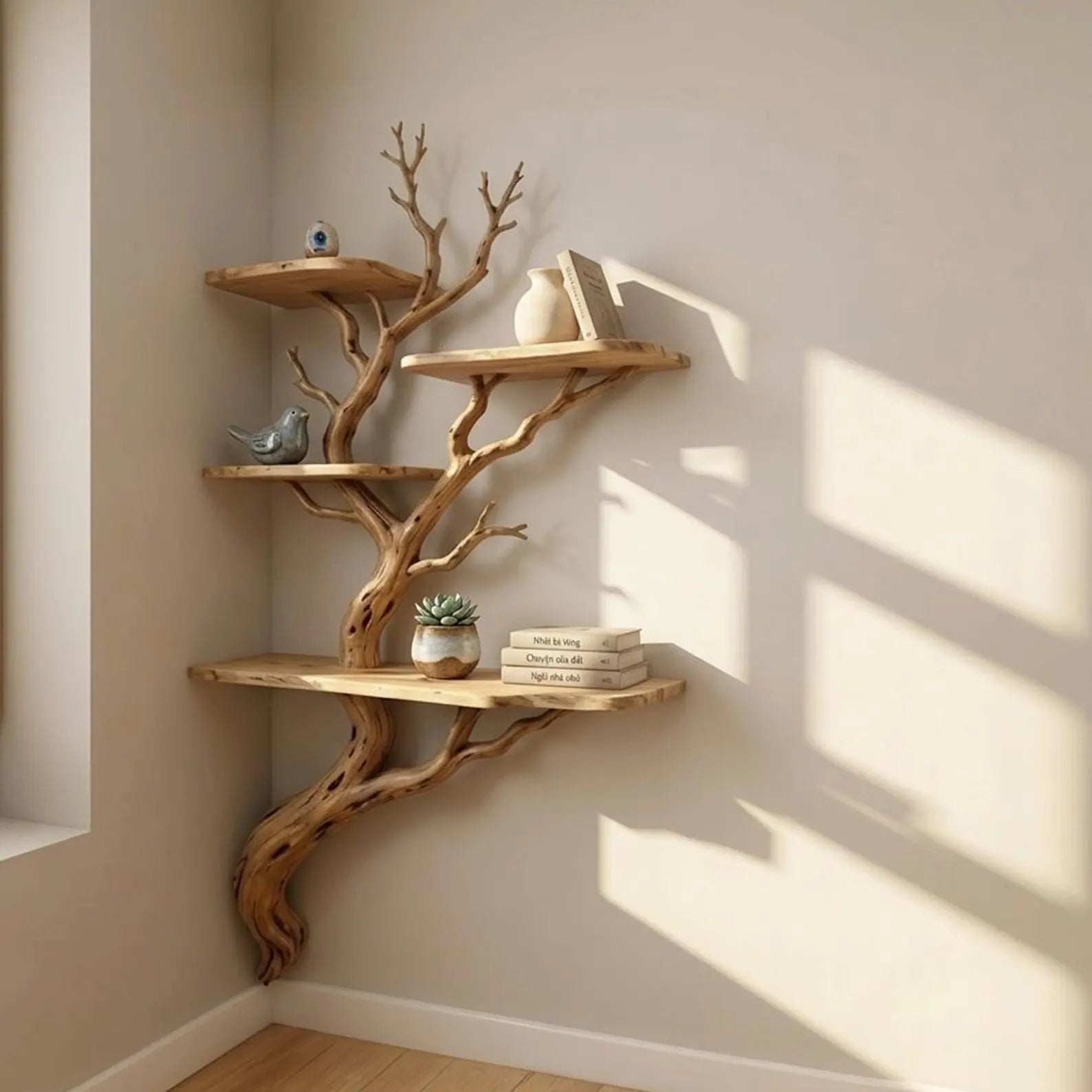 Tree branch corner floating shelf unique wall mount shelves
