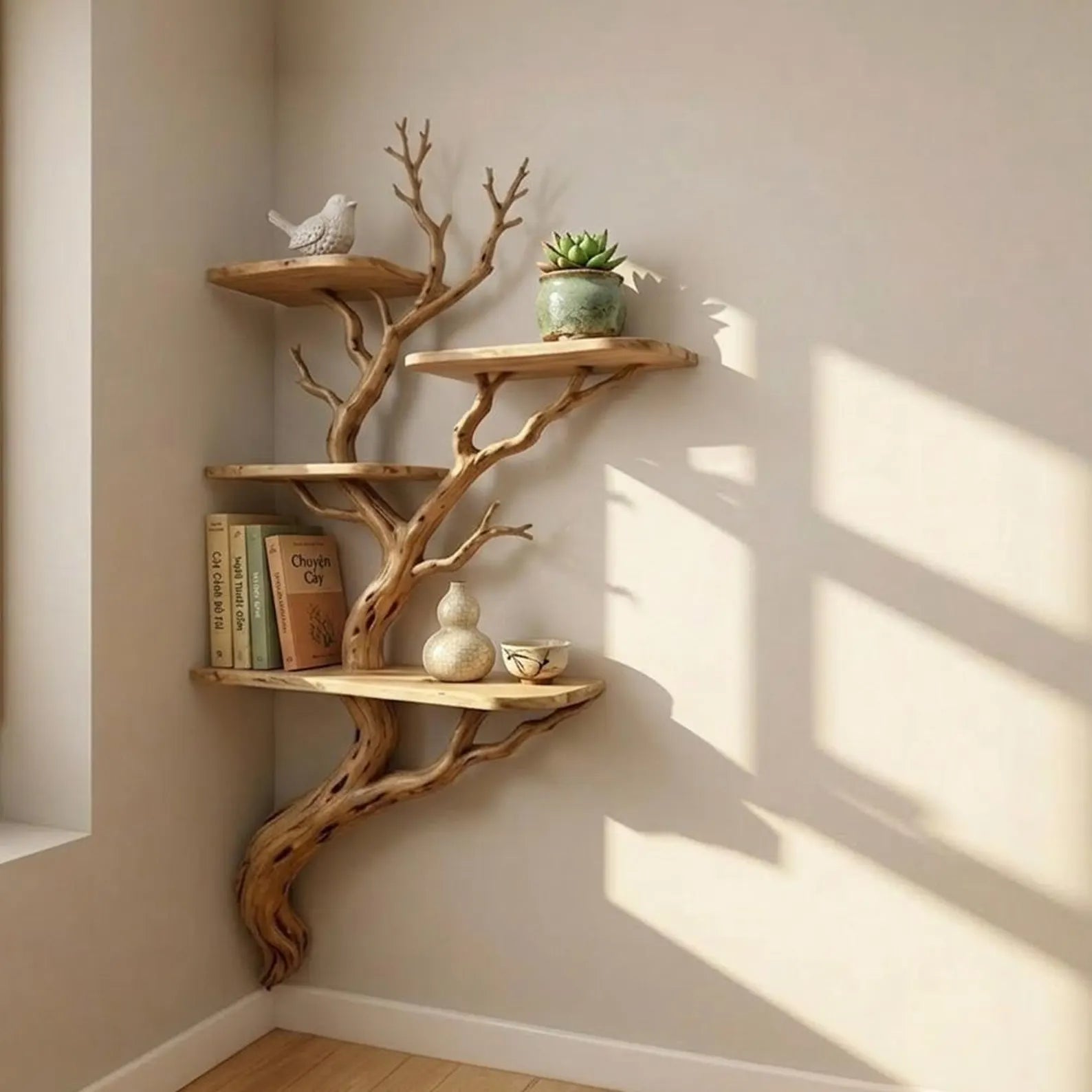Tree branch corner floating shelf unique wall mount shelves
