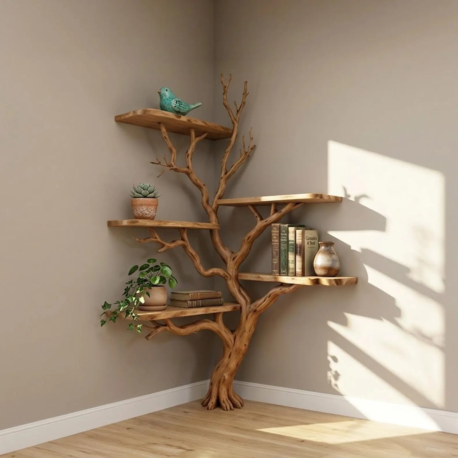 Tree branch floor standing shelf corner bookcase