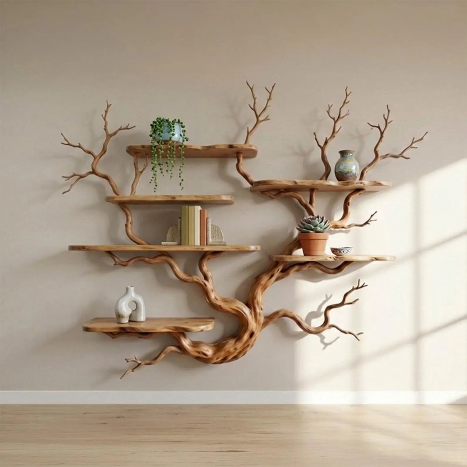 Tree branch unique wall mount bookshelf art floating shelf