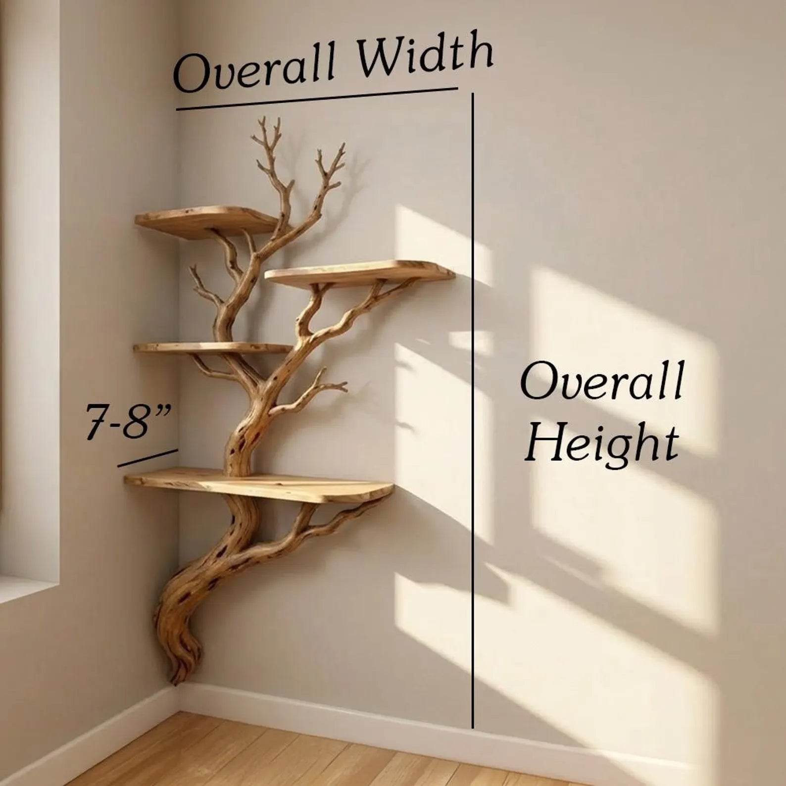 Tree branch corner floating shelf unique wall mount shelves