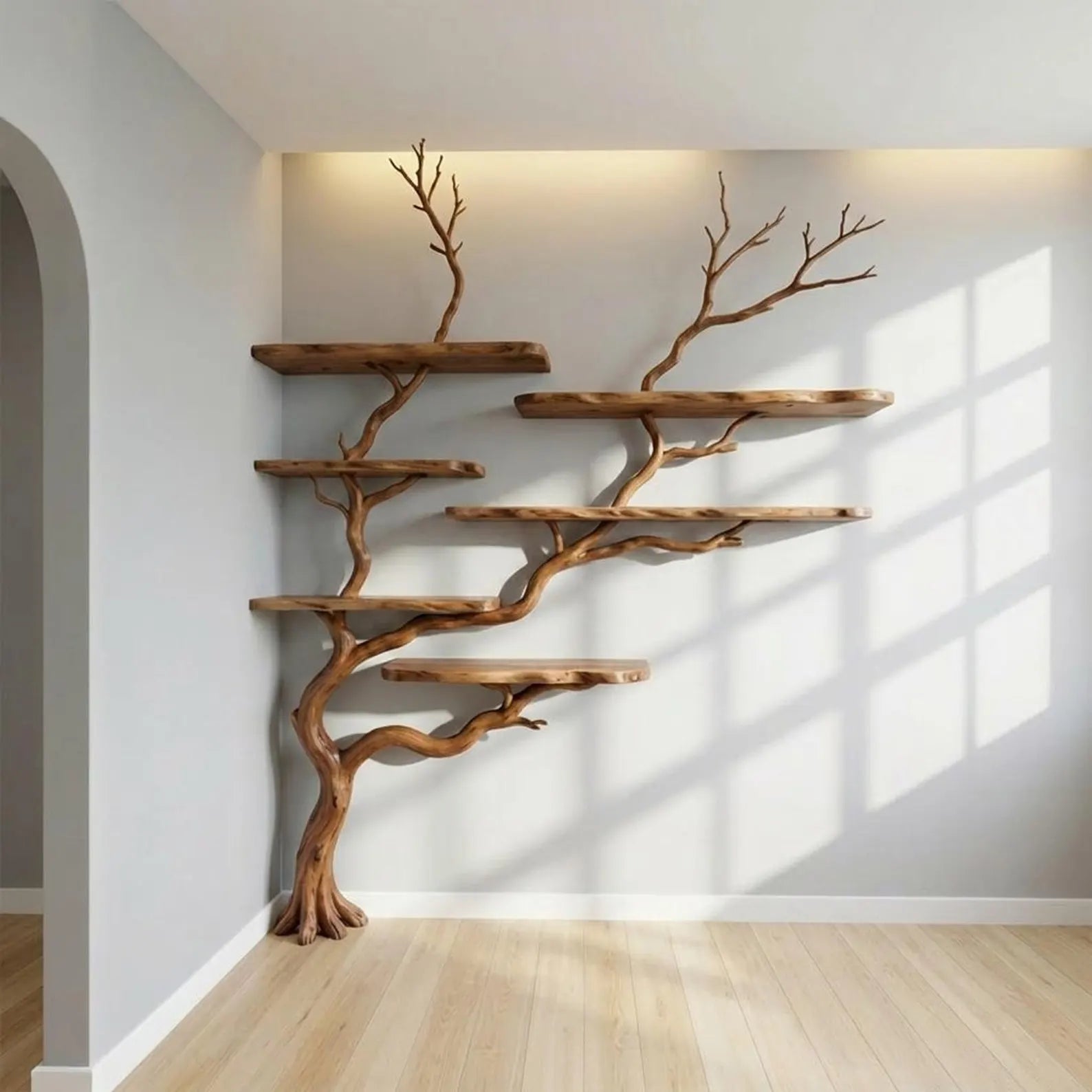 Tree branch corner shelf stand unique tall floor bookshelf