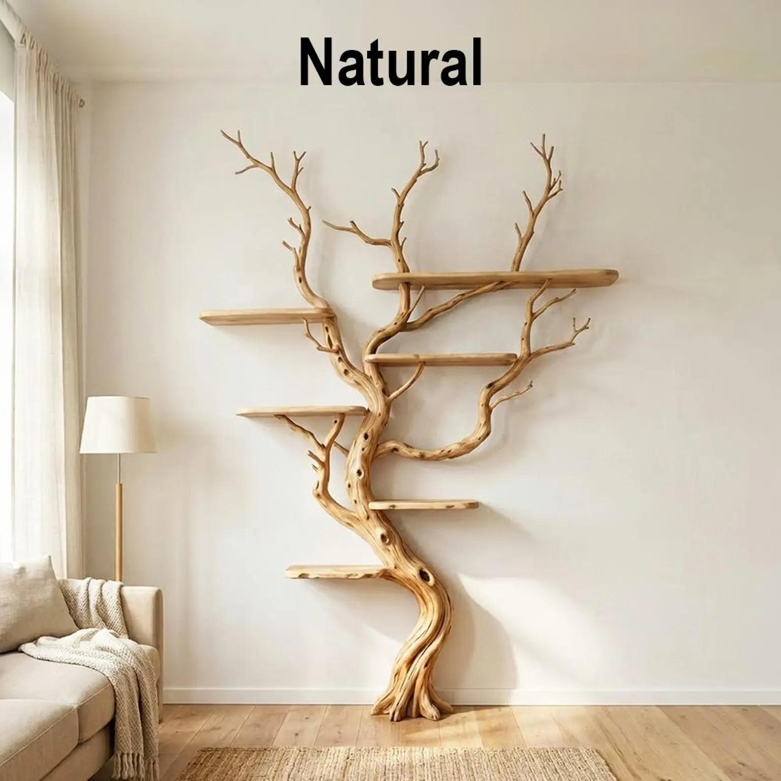 Tree branch tall floor shelf rustic wooden bookshelf