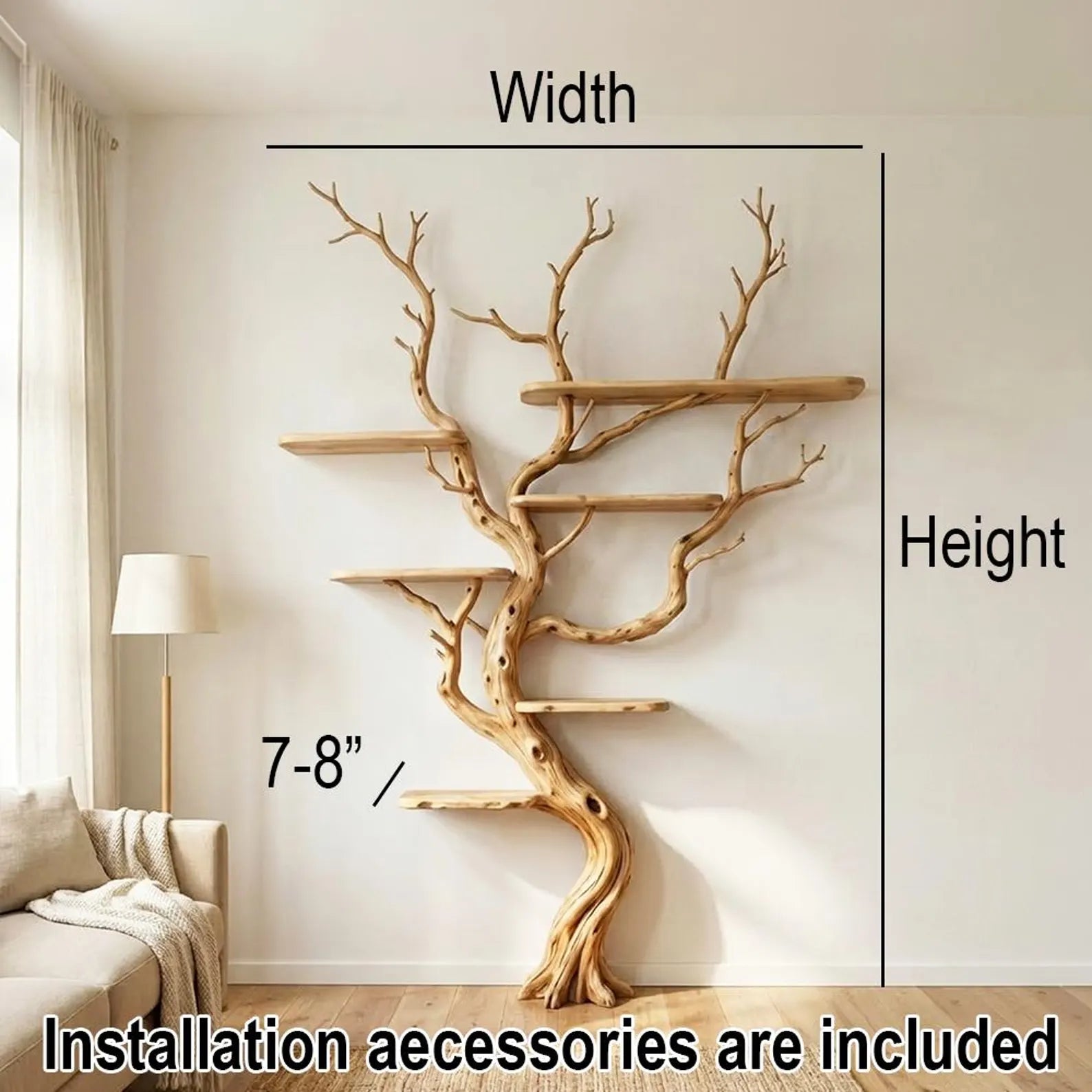 Tree branch tall floor shelf rustic wooden bookshelf