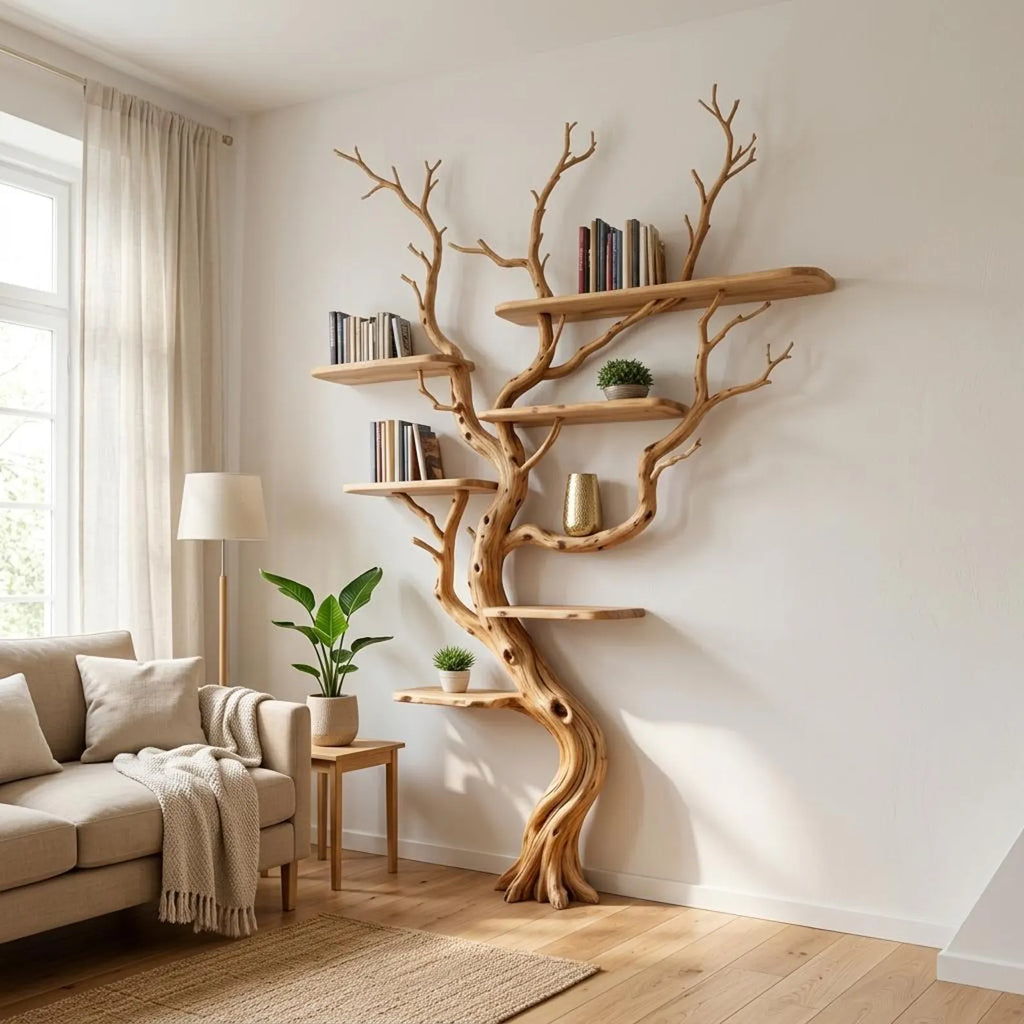 Tree branch tall floor shelf rustic wooden bookshelf