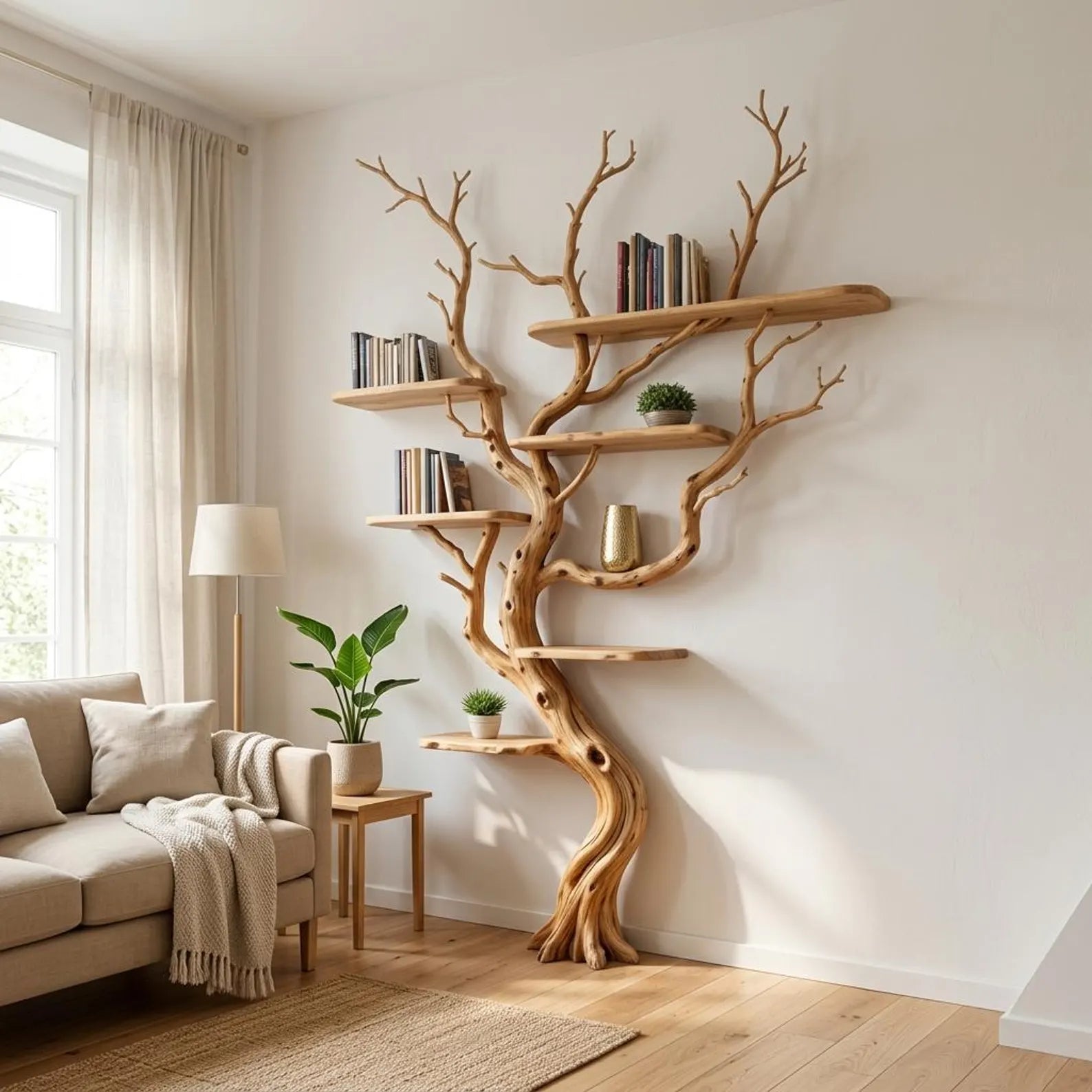 Tree branch tall floor shelf rustic wooden bookshelf