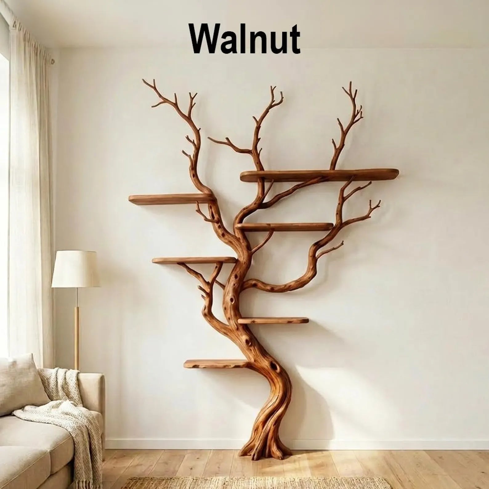 Tree branch tall floor shelf rustic wooden bookshelf