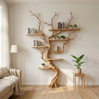 Tree branch tall floor shelf rustic wooden bookshelf