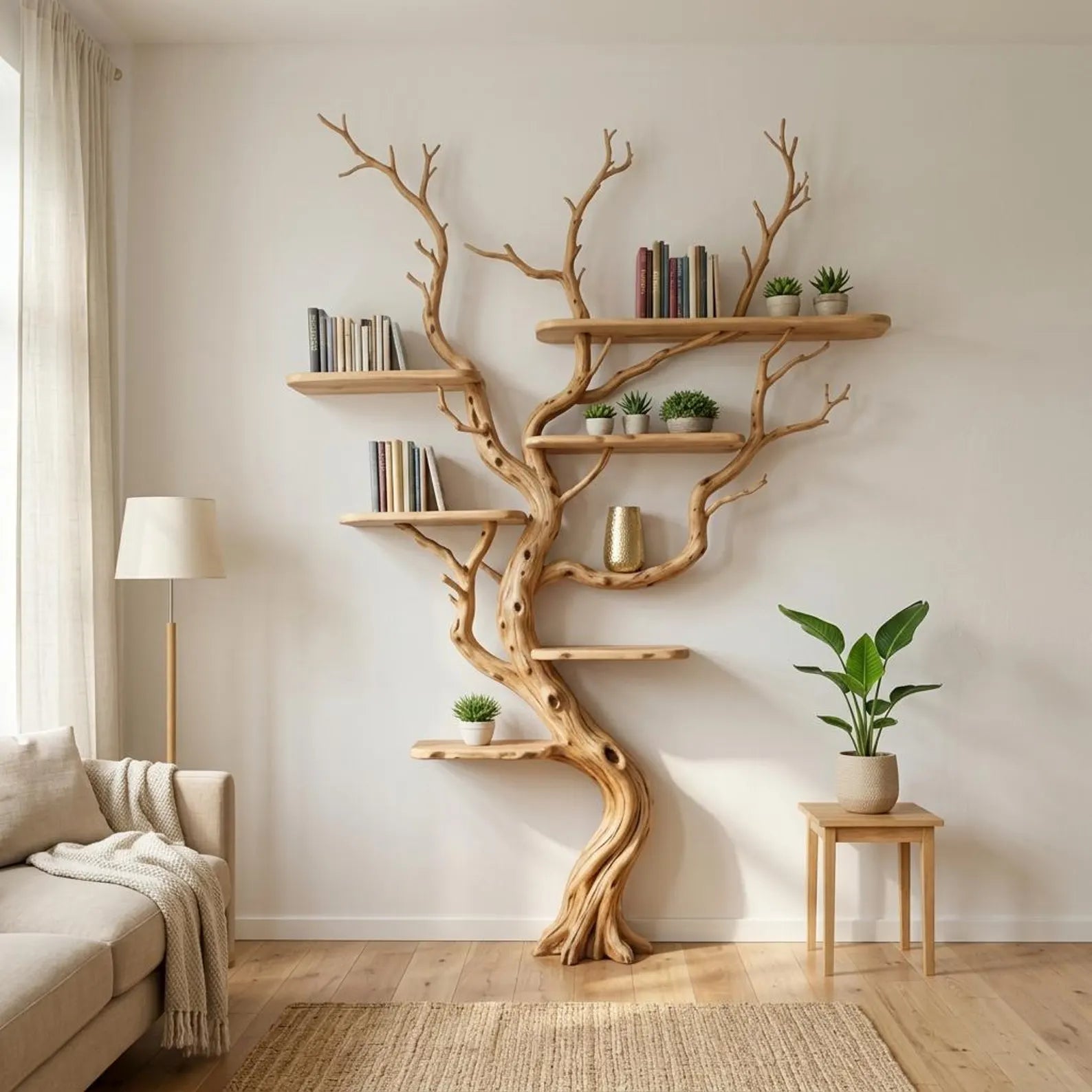 Tree branch tall floor shelf rustic wooden bookshelf