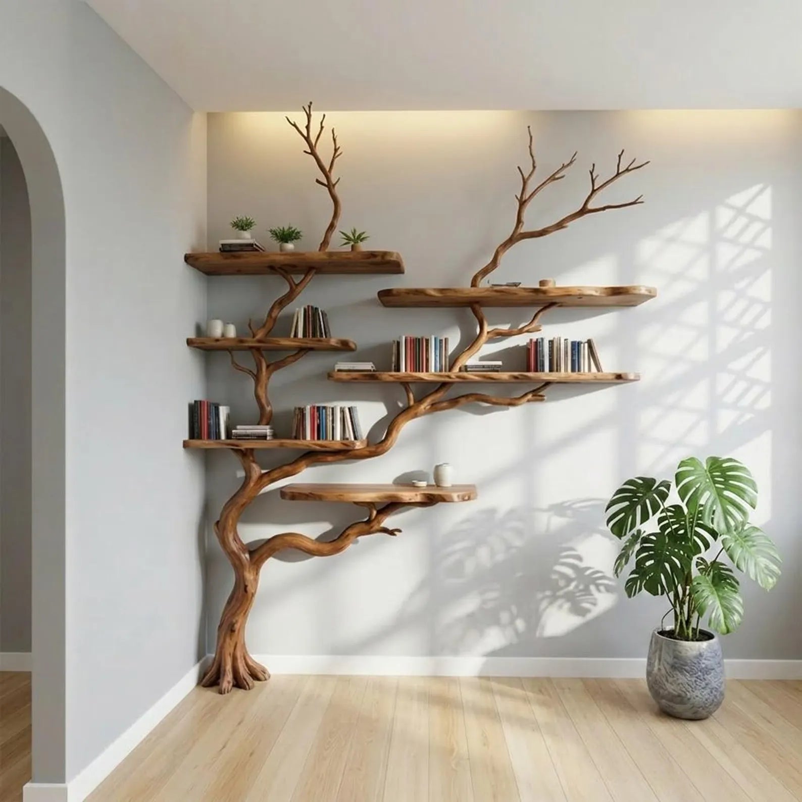 Tree branch corner shelf stand unique tall floor bookshelf