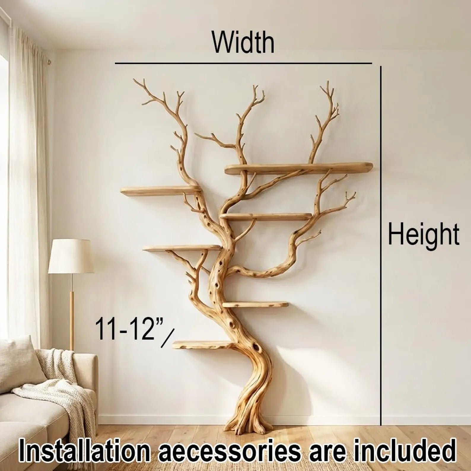 Tree branch tall floor shelf rustic wooden bookshelf