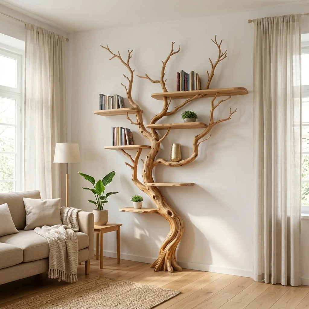 Tree branch tall floor shelf rustic wooden bookshelf