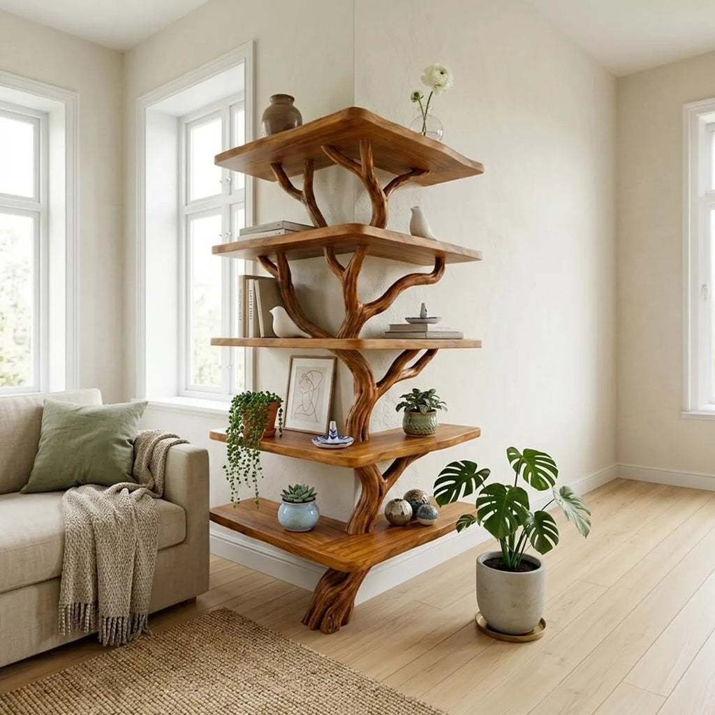 Tree branch corner shelf stand unique floor bookshelf