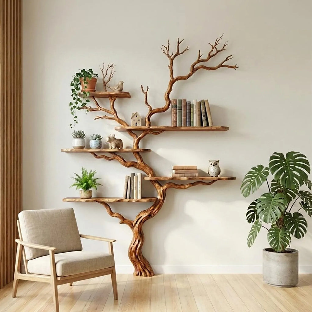 Natural tree branch floor shelf rustic display wood shelves