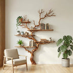 Natural tree branch floor shelf rustic display wood shelves