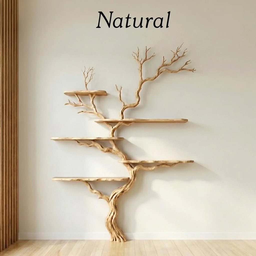 Natural tree branch floor shelf rustic display wood shelves