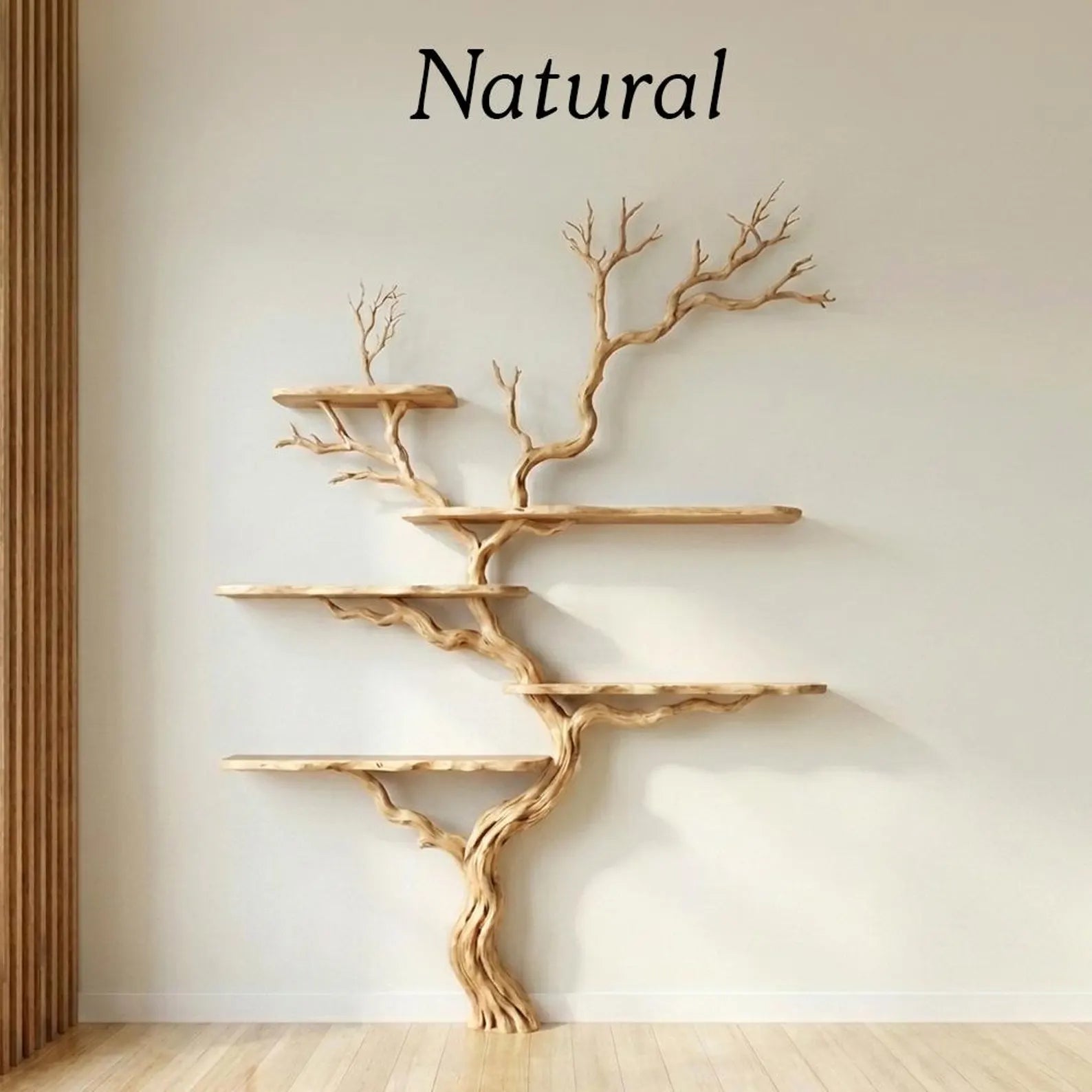 Natural tree branch floor shelf rustic display wood shelves