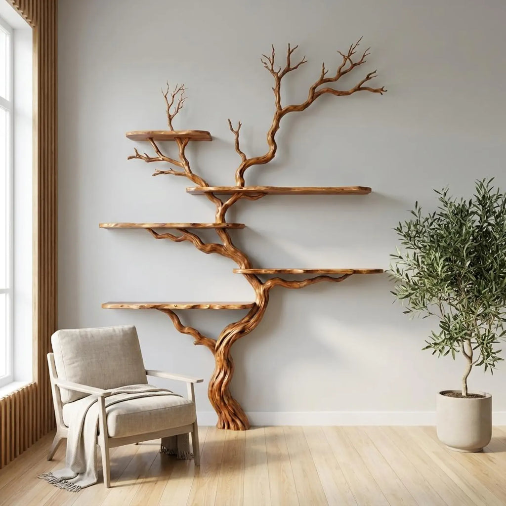 Natural tree branch floor shelf rustic display wood shelves