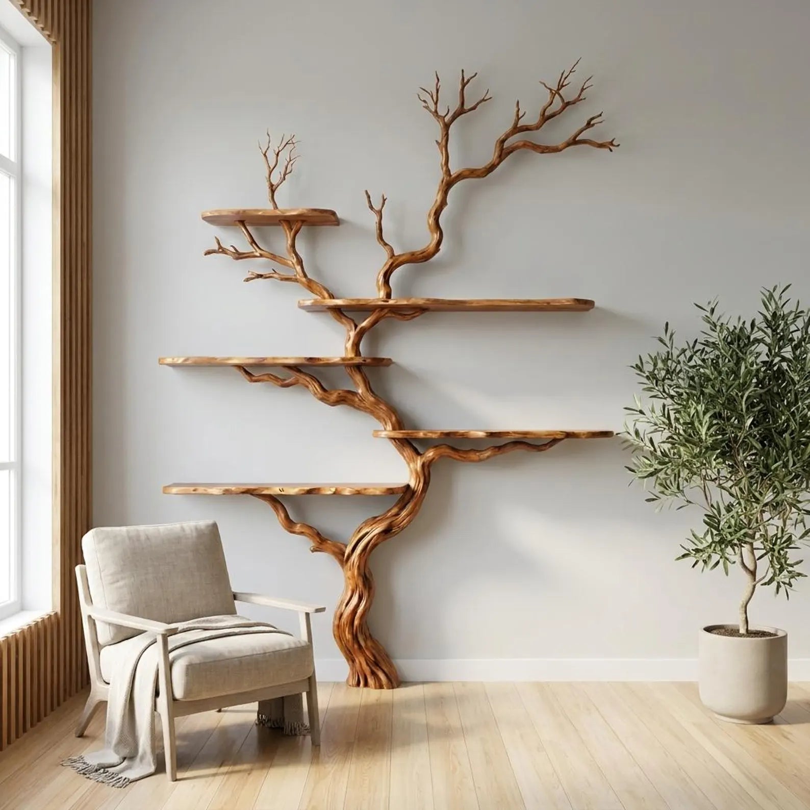 Natural tree branch floor shelf rustic display wood shelves