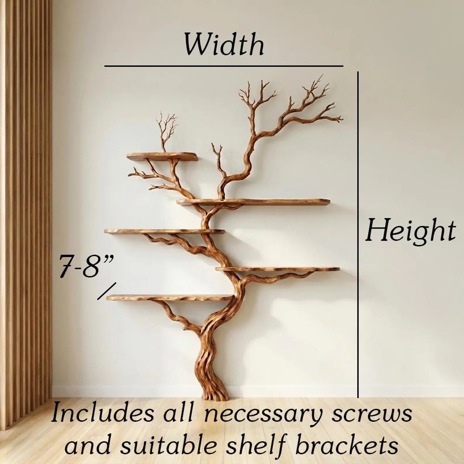 Natural tree branch floor shelf rustic display wood shelves