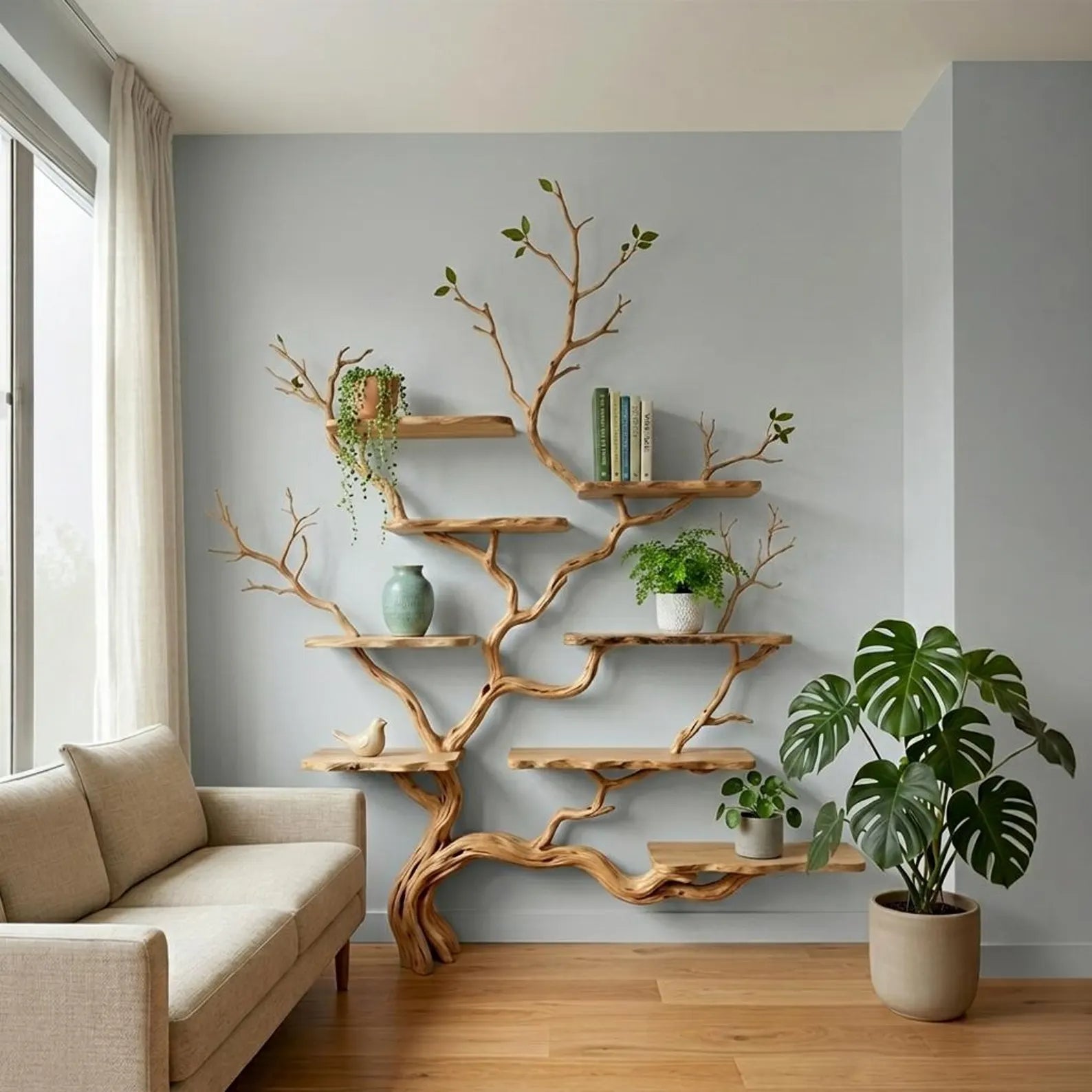 Rustic tree branch floor standing bookshelf