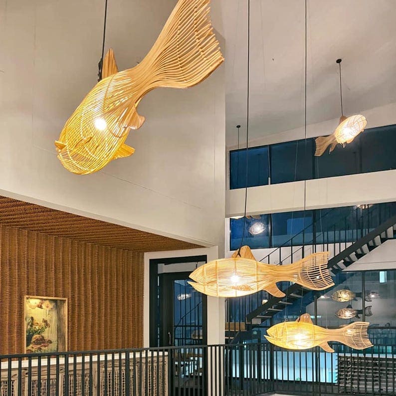 Fish hanging lamp large rattan whale pendant light decor