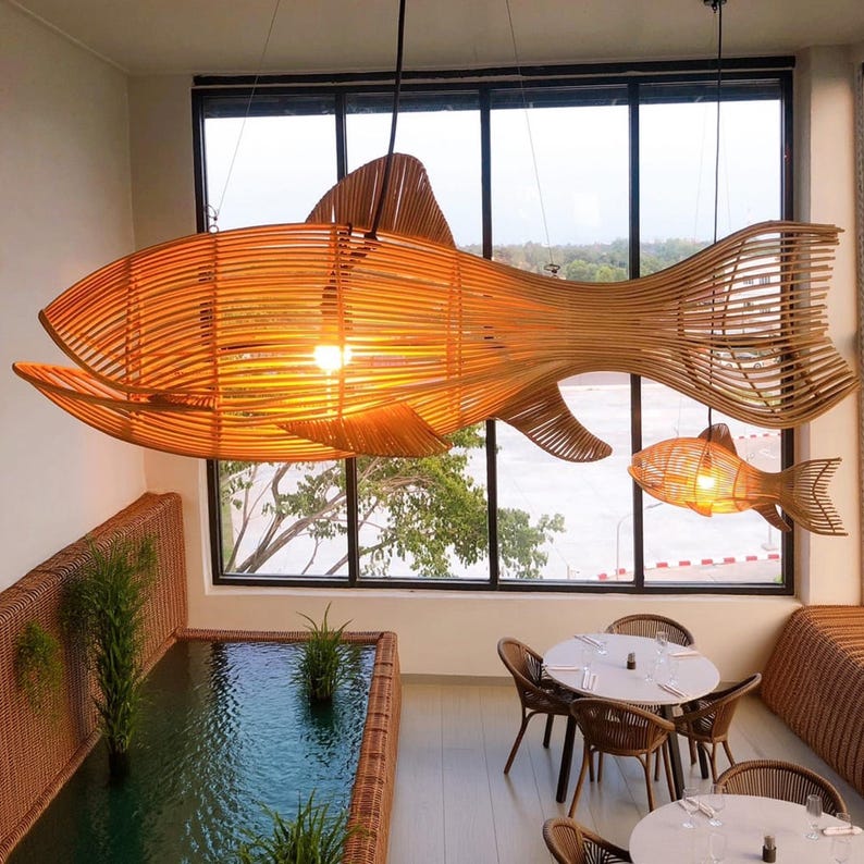 Fish hanging lamp large rattan whale pendant light