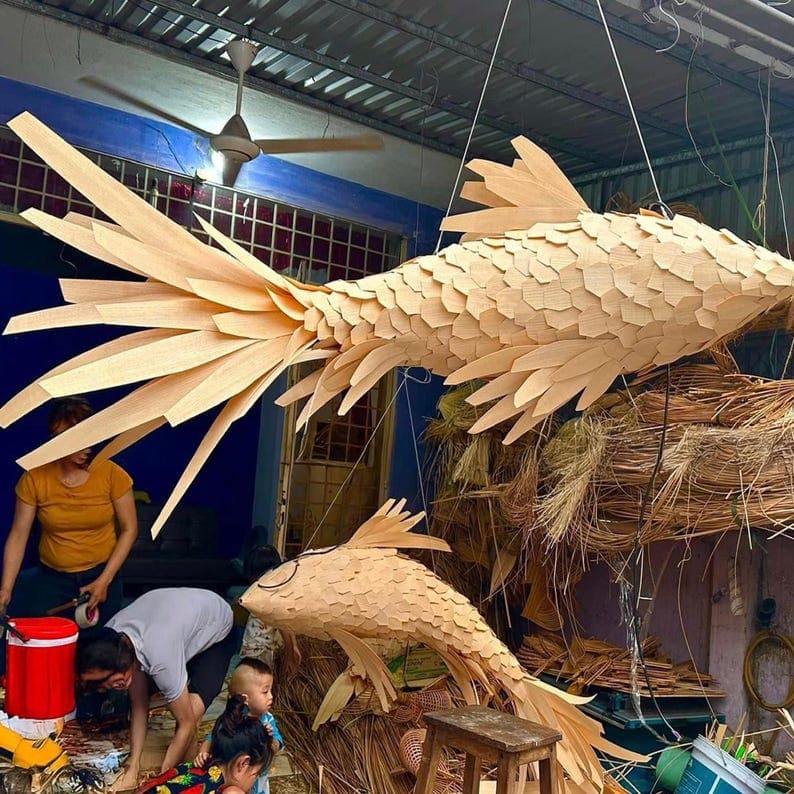Fish ceiling light wood veneer lamp handcrafted art decor