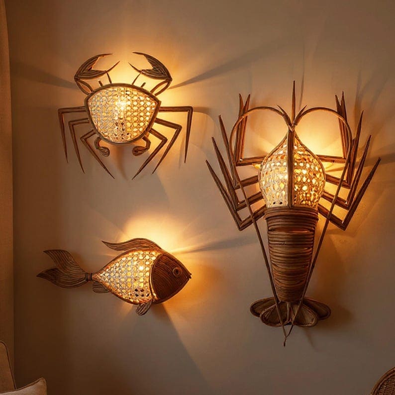 Fish crab lobster rattan wall lamp for coastal decor