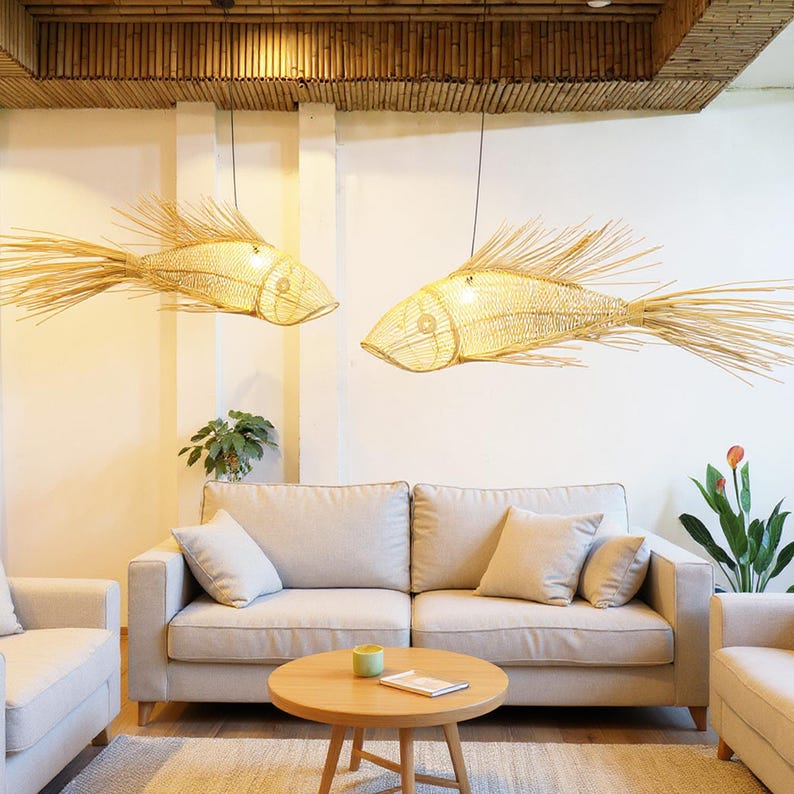 Fish pendant lamp unique wicker handmade art deco lamp