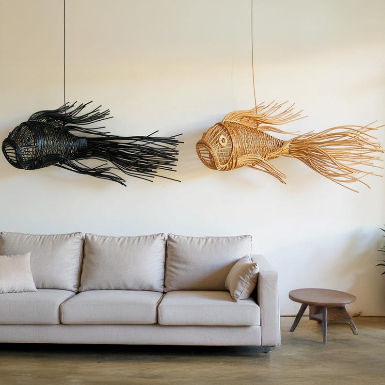 Black tassel tail fish rattan ceiling light for living room decor
