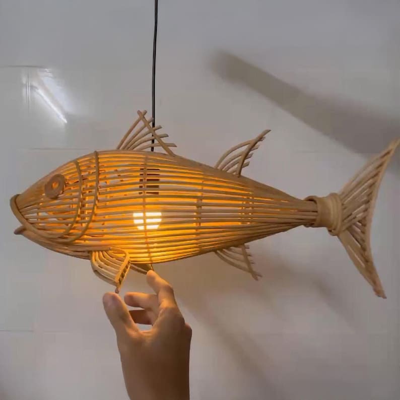 Tuna fish rattan ceiling light for coastal home decor