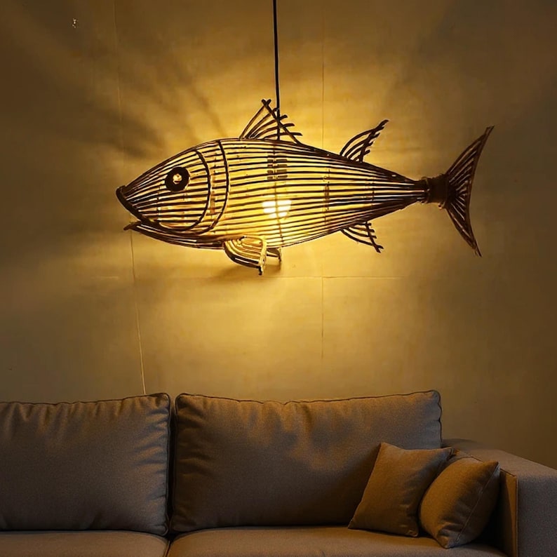 Tuna fish rattan ceiling light for coastal home decor