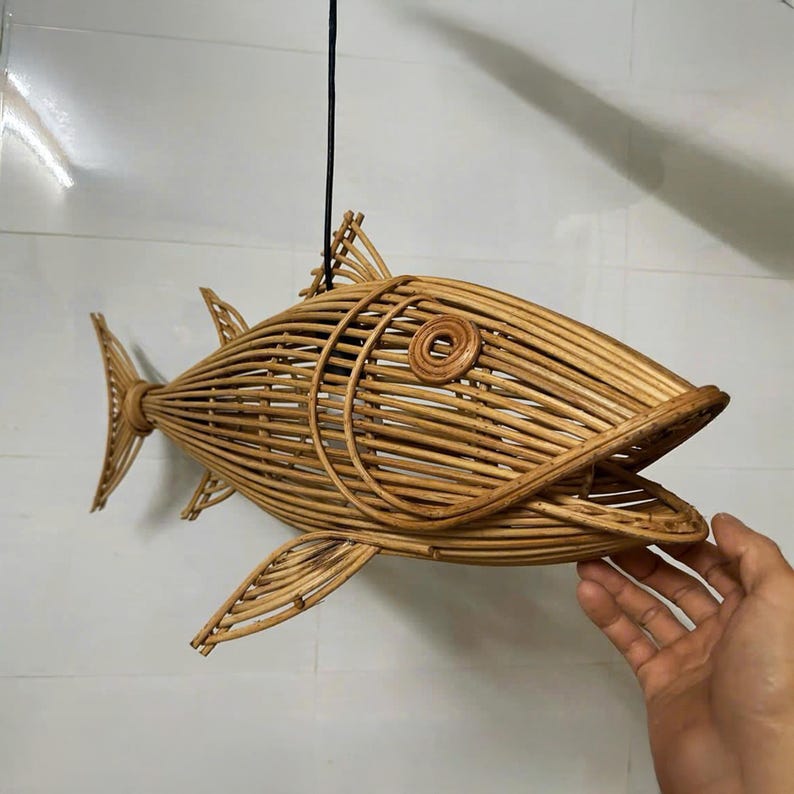 Fish rattan ceiling light for coastal home decor