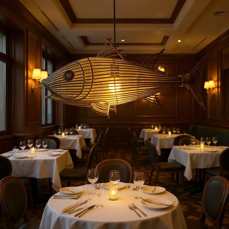Tuna fish rattan ceiling light for coastal home decor