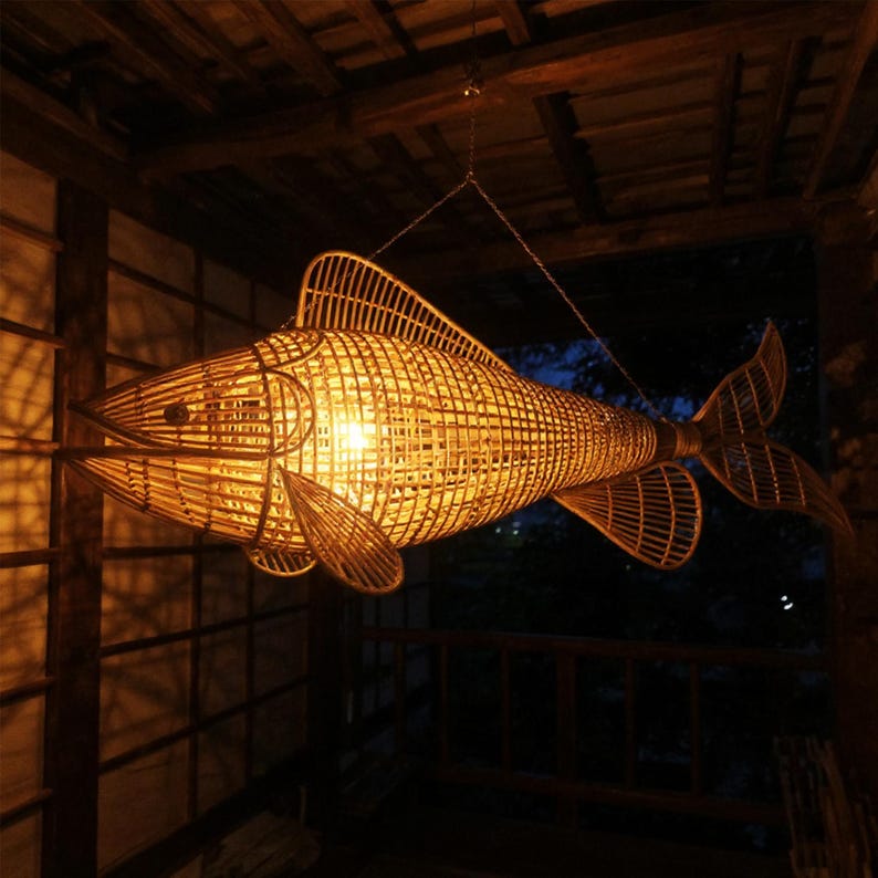 Fish rattan ceiling light unique art deco lamp hanging