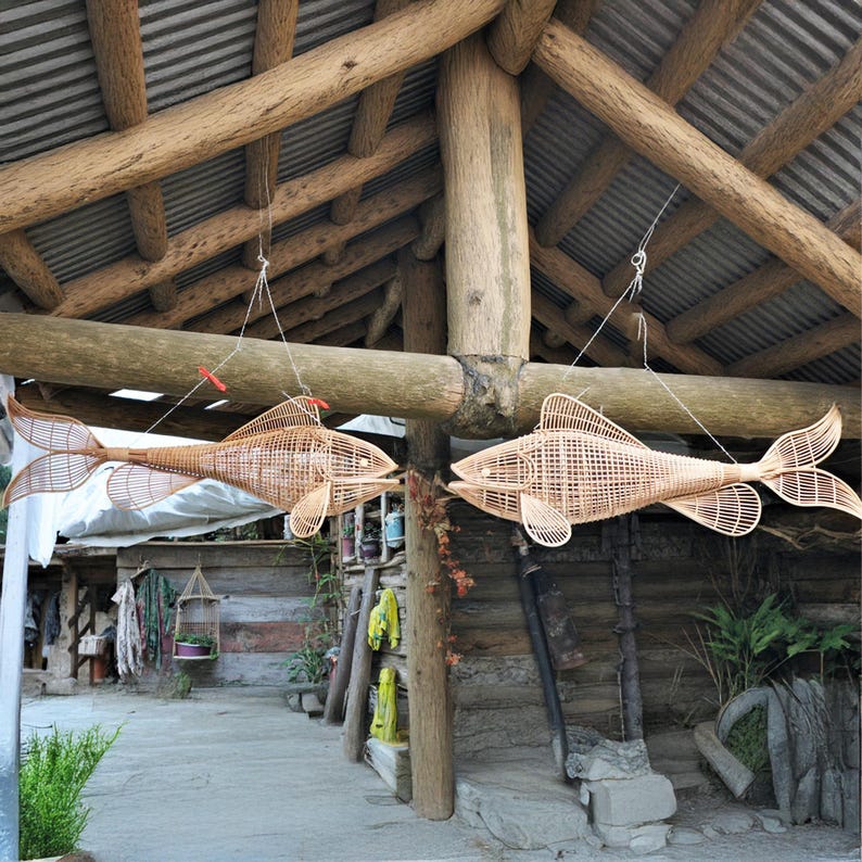 Fish rattan ceiling light unique art deco lamp hanging