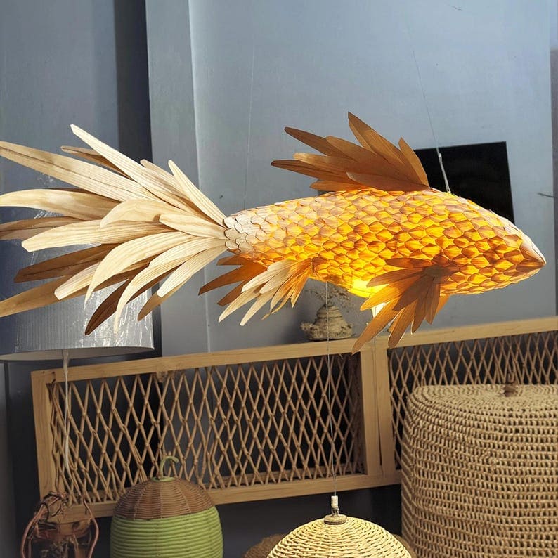 Fish ceiling light wood veneer lamp handcrafted art decor