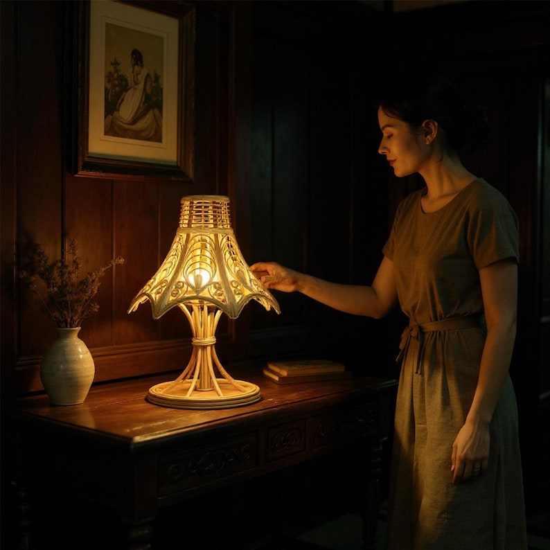 Vintage rattan bedside table lamp for elegant home decor