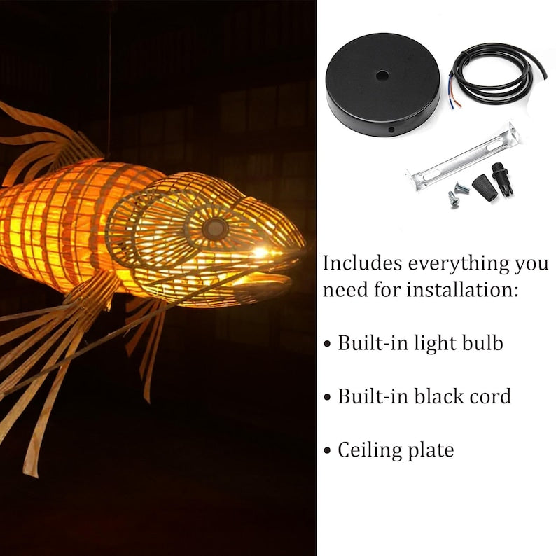 Large koi fish wood veneer ceiling light restaurant decor