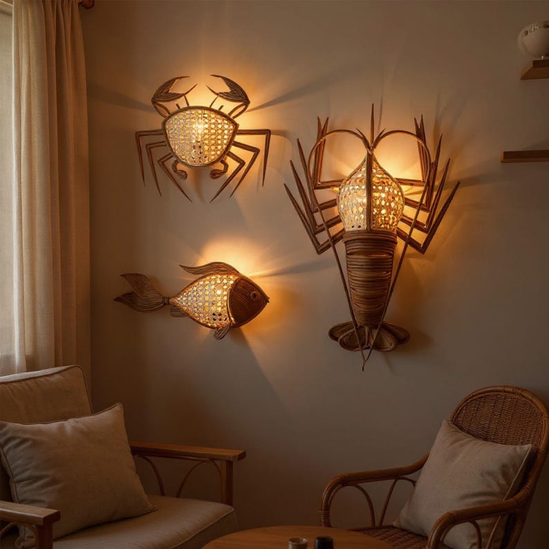 Wall sconce fish light rattan crab lamp lobster lampshade sconce night lighting