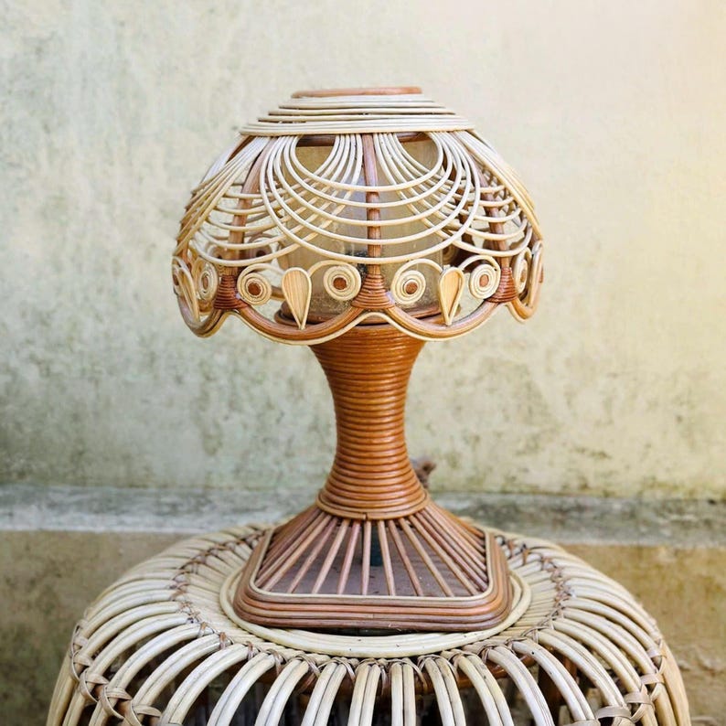 Handmade rattan bedside table lamp for farmhouse home decor