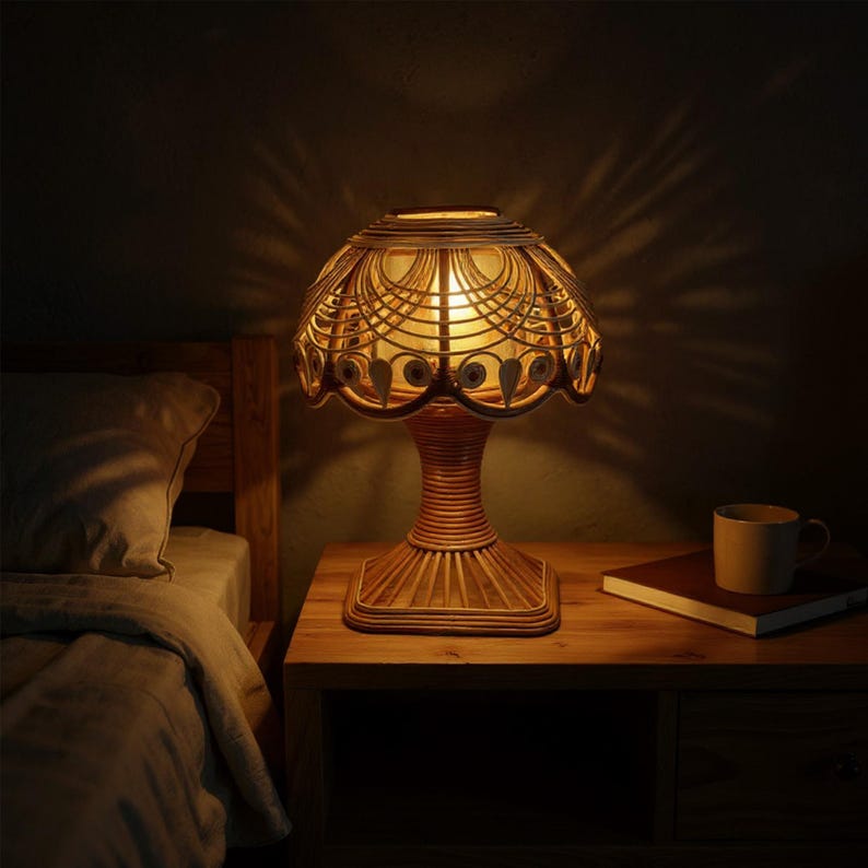 Handmade rattan bedside table lamp for farmhouse home decor